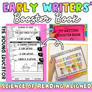May include: A colourful printable early writer's booster book with a cover featuring a group of children writing. The book includes activities like "Label it & write!" and "I can write!" with prompts like "A Cheeky Monster" and "The Best Place to Swim". The book is aligned with the Science of Reading.