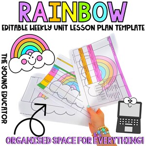 May include: Editable weekly unit lesson plan template with a rainbow design. The template is organized with sections for each day of the week and includes space for objectives, materials, activities, and assessments. The template is designed to help teachers plan and organize their lessons.