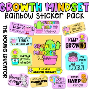 Puede incluir: Un conjunto de pegatinas coloridas con afirmaciones positivas sobre la mentalidad de crecimiento. Las pegatinas presentan ilustraciones de cactus, flores y cerebros. El texto en las pegatinas incluye frases como "¡Le di a mi cerebro un entrenamiento!" y "¡Tengo una mentalidad de crecimiento!"