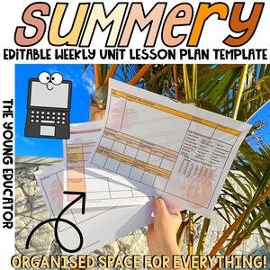May include: A printable summer-themed weekly unit lesson plan template. The template is organised with sections for "Areas of the Curriculum", "Learning Stations", "Daily Schedule", and "Differentiation". The template is designed to help teachers plan their lessons for the summer months.