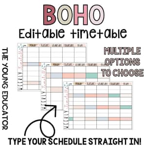 May include: Three printable weekly timetable templates with a boho theme. The templates are in a light pink, peach, and blue colour scheme with a geometric pattern. The text "WEEKLY Timetable" is written vertically on the left side of each template. The days of the week are listed across the top of each template. The text "TYPE YOUR SCHEDULE STRAIGHT IN!" is written at the bottom of the image.