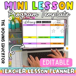 Peut inclure: Modèle de programme de mini-leçon modifiable pour les enseignants. Le modèle est divisé en sections pour la compréhension, la phonétique, la précision, la fluidité, le vocabulaire et l'écriture. Le modèle est affiché sur l'écran d'un ordinateur portable avec un clavier et des mains qui tapent.