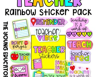 May include: A set of colourful teacher stickers with phrases like "Teacher Vibes", "Don't Stop", "Teacher Life", "Lesson Plans", "Mark Your Attendance", "Teaching is a Work of Heart", and "Teacher Tired".