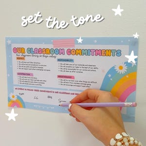 May include: A classroom commitment poster with a rainbow and a daisy design. The poster lists values such as respect, responsibility, cooperation, and perseverance. The poster has a space for signatures at the bottom.