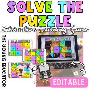 Puede incluir: Una pantalla digital que muestra un juego de aprendizaje interactivo colorido titulado "Resuelve el rompecabezas". El juego presenta una imagen de un zorro con piezas de rompecabezas numeradas. La pantalla está en una computadora portátil con un fondo blanco. El texto "Editable" se muestra en letras grandes de color rosa en la parte inferior de la imagen.
