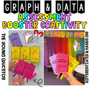 Könnte beinhalten: Ein Satz farbenfroher Staffelei-Bastelprojekte für eine Unterrichtsaktivität. Die Projekte tragen den Titel "Mein Daten- und Grafikbuch" und zeigen einen Regenbogen, einen Hai, einen Fisch, eine Katze, einen Hund und einen Frosch. Die Projekte sind für verschiedene Lernstufen differenziert.