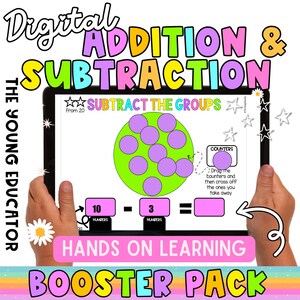 Puede incluir: Una tableta muestra una actividad de aprendizaje digital de suma y resta. La pantalla muestra un círculo verde con puntos morados, problemas de resta y el texto "Hands on Learning Booster Pack."
