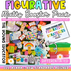 Könnte beinhalten: Ein farbenfrohes Set an Lernspielzeug für den Mathematikunterricht. Das Set enthält eine Vielzahl von Manipulativen, Spielen und Aktivitätskarten. Die Ressourcen sollen Kindern helfen, Zahlen, Addition und Subtraktion zu lernen. Das Set ist mit "Figurative Maths Booster Pack" und "The Young Educator" beschriftet.