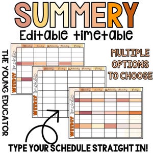 May include: Three printable summer themed weekly timetable templates with a peach, orange, and yellow colour scheme. The text "WEEKLY Timetable" is written vertically on the left side of each template. The text "Monday, Tuesday, Wednesday, Thursday, Friday" is written horizontally across the top of each template. The text "SUMMERY Editable timetable" is written in large letters at the top of the image. The text "MULTIPLE OPTIONS TO CHOOSE" is written in large letters on the right side of the image. The text "TYPE YOUR SCHEDULE STRAIGHT IN!" is written at the bottom of the image.