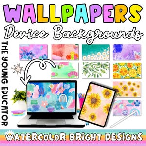 May include: A collection of watercolor device backgrounds with bright designs. The image features a laptop and tablet displaying various colorful wallpapers, including floral, fruit, and abstract patterns. Text includes "WALLPAPERS Device Backgrounds" and "WATERCOLOR BRIGHT DESIGNS".