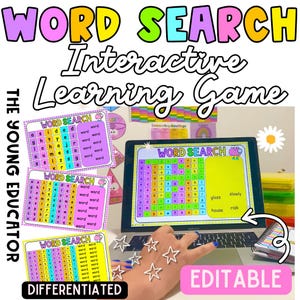 Op de afbeelding: Een interactief woordzoek-leerspel weergegeven op een laptopscherm, met kleurrijke woordpuzzels en de tekst "WORD SEARCH" en "EDITABLE". De afbeelding toont ook afgedrukte woordzoekbladen en de tekst "DIFFERENTIATED".