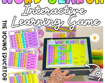 以下が含まれることがあります： カラフルな単語パズルと「WORD SEARCH」と「EDITABLE」のテキストが表示された、ラップトップ画面に表示されるインタラクティブな単語検索学習ゲーム。画像には、印刷された単語検索シートと「DIFFERENTIATED」のテキストも表示されています。