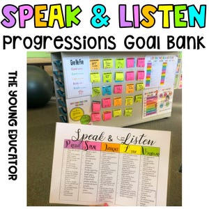 Puede incluir: Una pizarra blanca con notas adhesivas de colores y un gráfico titulado "Speak & Listen Progressions Goal Bank". El gráfico enumera diferentes habilidades relacionadas con hablar y escuchar, como "Presentar", "Hablar", "Interactuar", "Escuchar" y "Vocabulario".