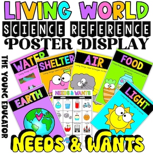 May include: Colorful science reference posters for a classroom display. The posters feature illustrations of a water drop, a house, a cloud, a carrot, a milk carton, a sun, and a globe. The posters are titled "Water", "Shelter", "Air", "Food", "Light", and "Earth". There is also a poster titled "Needs & Wants" with a grid of images representing needs and wants.