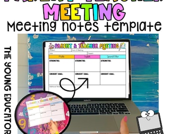 May include: A laptop displays a "Parent Teacher Meeting" template. The screen shows a form with sections for strengths, goals, and notes. The text "Type Straight In Or Write!" is at the bottom. A smaller inset shows a printed version of the form.