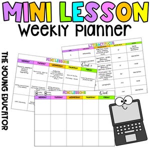 Op de afbeelding: Een kleurrijke, afdrukbare weekplanner voor docenten, met de woorden "Mini-lessen" en "Focus op geletterdheid". De planner bevat secties van maandag tot en met vrijdag, met koppen voor "Foneem onderstrepen", "Visuele woorden", "Spellingregel", "Wind van de dag", "Raad de fonetiek", "Grammatica samengestelde zinnen", "Schrijfbeschrijving", "Etymologie", "Raad de fonetiek", "CAVE-afleiding", "Gedragsinhaal", "Lezen", "Lezen", "Lezen", "Lezen", "Lezen".