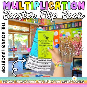 以下が含まれることがあります： 「My Number Facts Multiplication Booster Flip Book」というタイトルと、「Equal Groups Arrays」と「Repeated Addition Mixed Multiplication Strategies」というテキストが書かれたカラフルな掛け算ブースターフリップブックです。