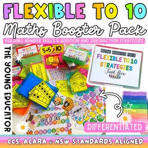 Puede incluir: Imagen de un recurso educativo llamado "FLEXIBLE TO 10 Maths Booster Pack". La imagen muestra varias herramientas de aprendizaje, incluyendo tarjetas y cajas de tareas, diseñadas para desarrollar habilidades numéricas y estrategias de suma/resta.