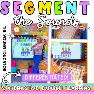 May include: A teacher in a classroom demonstrates how to segment sounds in the word "cake" using a colorful interactive whiteboard. The whiteboard shows a cartoon cake with candles and the word "cake" spelled out below. The teacher is holding a pointer and pointing to the letters in the word. The classroom is decorated with colorful stars and other decorations. The text "Segment the Sounds" is displayed on the whiteboard. The text "Differentiated!" is displayed on a pink and purple banner. The text "Interactive, Explicit Learning" is displayed on a rainbow banner.