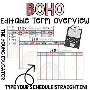 May include: Editable printable term overview planner with a boho rainbow design. The planner has columns for focus, literature, writing, grammar, spelling, handwriting, speaking and listening, and reading. The text "TERM Overview" is at the top of the planner.