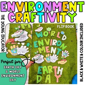 May include: A colorful printable Earth Day craft activity for kids. The craft includes a flip book with the words "World Environment" and a large "Earth Day" banner. The craft is perfect for teaching children about the environment and how to care for it.