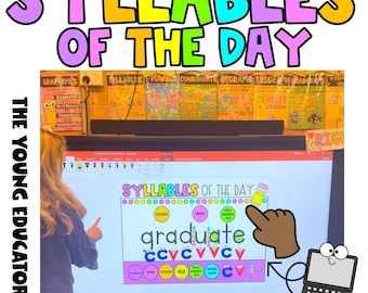 Könnte beinhalten: Ein Computerbildschirm zeigt eine Lektion über Silben. Das Wort "graduate" ist mit einer bunten Grafik hervorgehoben. Der Bildschirm ist mit "Syllables of the Day" beschriftet.