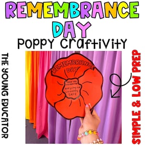 Può includere: Immagine promozionale per un'attività di artigianato del papavero del Giorno della Memoria. Il testo include "Remembrance Day" in arcobaleno, "Poppy craftivity" e "Simple & Low Prep". Un grande papavero rosso è tenuto davanti a una tenda viola.