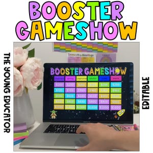 May include: A laptop displays a colorful "BOOSTER GAMESHOW" game board. The screen shows categories like "characters" and "events" with dollar amounts. The text "THE YOUNG EDUCATOR" and "EDITABLE" are also visible. A hand is using the laptop.