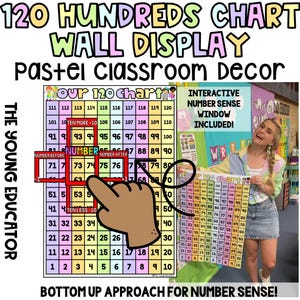 May include: A pastel colored 120 hundreds chart wall display for classrooms. The chart features numbers 1 to 120 in a grid format. The chart includes interactive number sense windows. The text "Our 120 Chart" is at the top of the chart. The text "Bottom Up Approach for Number Sense!" is at the bottom of the chart.