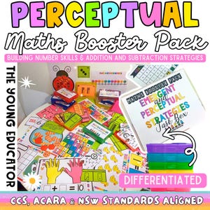 May include: A colorful educational resource titled "Perceptual Maths Booster Pack" with various learning tools. The image includes flashcards, dice, and a task box, all designed to build number skills and addition/subtraction strategies. The text reads "Emergent and Perceptual Strategies Task Box".
