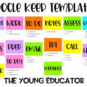 Puede incluir: Plantillas de Google Keep coloridas con títulos como "Urgent", "Work" y "To Do". Cada plantilla incluye listas de verificación para diversas tareas. También aparece el texto "The Young Educator".