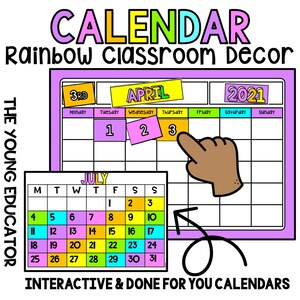 Könnte beinhalten: Ein farbenfroher druckbarer Kalender für die Klassendekoration. Der Kalender zeigt ein Regenbogen-Farbschema mit den hervorgehobenen Monaten April und Juli. Der Kalender ist interaktiv und enthält eine Hand, die auf das aktuelle Datum zeigt.