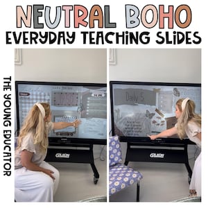 Puede incluir: Dos pizarrones interactivos con diapositivas de temática boho neutral. Las diapositivas presentan una lista de tareas, un horario diario y una fecha. El texto en las diapositivas está en una paleta de colores neutros con una fuente manuscrita.