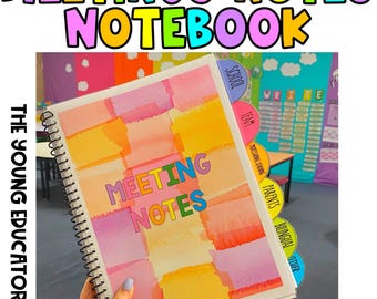 May include: A spiral bound notebook with a watercolor design and the words "Meeting Notes" on the cover. The notebook has colorful tabs labeled "School", "Team", "Professional Learning", "Parents", "Bilingual", and "Other".