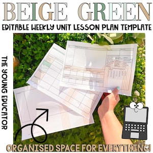 May include: Beige and green printable lesson plan template for teachers. The template is organised with sections for weekly unit plans, lesson objectives, and assessment strategies. The text "The Young Educator" is visible on the left side of the image.
