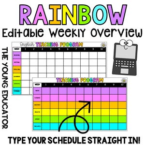 Puede incluir: Plantilla de horario semanal editable con un esquema de colores arcoíris. La plantilla está dividida en 10 columnas que representan los días de la semana y filas para diferentes materias como lectura, escritura, ortografía, gramática, matemáticas, ciencias, historia, salud, deporte y artes. El texto "THE YOUNG EDUCATOR" está escrito verticalmente en el lado izquierdo de la plantilla.