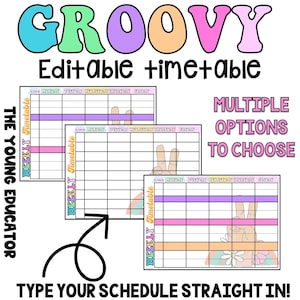Könnte beinhalten: Drei druckbare Wochenplanvorlagen im Groovy-Stil. Die Vorlagen zeigen ein Regenbogen-, Friedenszeichen- und Blumendesign. Der Text "WEEKLY Timetable" ist in einer Retro-Schriftart geschrieben. Der Text "TYPE YOUR SCHEDULE STRAIGHT IN!" ist unten im Bild geschrieben.