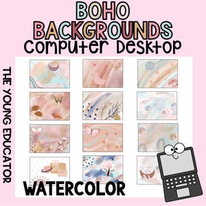 Peut inclure: Un ensemble de fonds d'écran d'ordinateur de bureau aquarelle sur le thème boho. Les arrière-plans présentent des couleurs pastel douces, des lunes, des papillons et des éléments floraux. Le texte comprend "BOHO BACKGROUNDS COMPUTER DESKTOP" et "WATERCOLOR".
