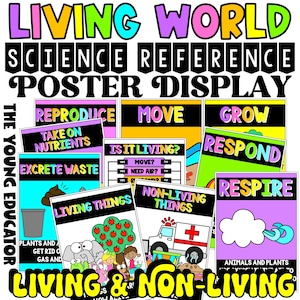 May include: Colorful science reference posters for a classroom display. The posters are titled "Living World Science Reference Poster Display" and include the following terms: "Reproduce", "Move", "Grow", "Take on Nutrients", "Is It Living?", "Respond", "Excrete Waste", "Respire", "Living Things", "Non-Living Things", "Plants and Get Rid of Gas and", "Animals and Plants".