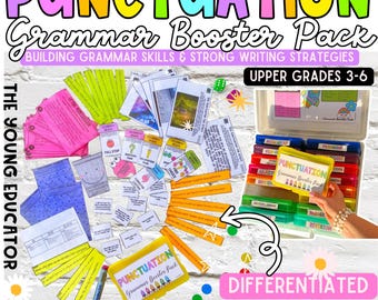 May include: A colorful set of punctuation grammar booster packs for upper grades 3-6. The set includes a variety of activities, games, and worksheets to help students learn about punctuation. The set is differentiated and aligned with CCS, ACARA, and NSW standards.