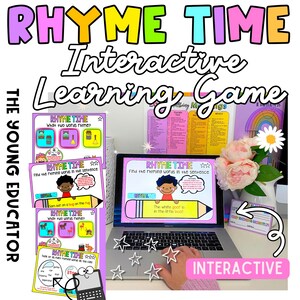 Op de afbeelding: Een kleurrijk digitaal leerspel voor kinderen genaamd "Rhyme Time" met een laptopscherm dat een rijm-activiteit laat zien. Het spel toont een witte geit in een klein bootje en vraagt de gebruiker om de rijmende woorden in de zin te vinden. Het spel is interactief en bevat een stopknop en een sterrensysteem voor beoordeling.