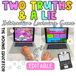 Op de afbeelding: Interactief leerspel "Twee waarheden en een leugen" voor kinderen. Het spel wordt weergegeven op een laptopscherm met een kleurrijk ontwerp. Het spel is bewerkbaar en kan voor verschillende onderwerpen worden gebruikt.