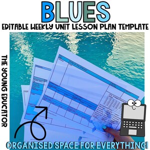 Op de afbeelding: Lichtblauwe lesplan sjablonen met een blauw-witte achtergrond. De tekst "BLUES" en "EDITABLE WEEKLY UNIT LESSON PLAN TEMPLATE" staan bovenaan. De tekst "ORGANISED SPACE FOR EVERYTHING!" staat onderaan. Een cartoon laptop staat in de afbeelding.