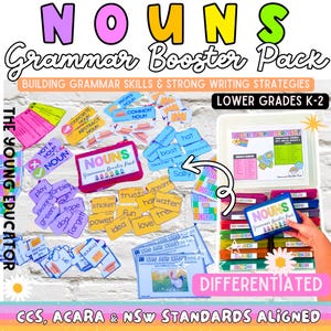 May include: A colorful set of educational resources for teaching nouns to elementary school students. The set includes flashcards, game boards, and activity sheets. The title "NOUNS Grammar Booster Pack" is displayed at the top of the image. The text "LOWER GRADES K-2" is also visible.