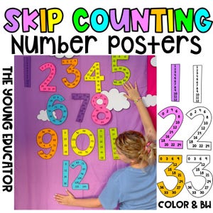 May include: Colorful skip counting number posters for teaching kids. The posters feature large numbers with circles around them, showing the numbers to skip count by. The posters are on a pink background with white clouds. The text "SKIP COUNTING Number posters" is at the top of the image. The text "THE YOUNG EDUCATOR" is on the left side of the image. The text "COLOR & BW" is at the bottom right of the image.