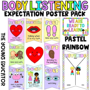 May include: A set of colorful printable posters for classroom use. The posters feature illustrations of body parts and the text "Body Listening Expectation Poster Pack" and "Pastel Rainbow".