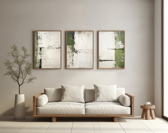 Set of 3 Japandi Art Prints: Green Neutral Abstract Wall Art (Digital Download)