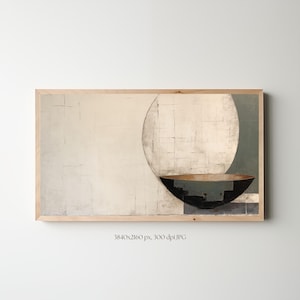 Pode incluir: Pintura abstrata com um grande círculo branco e uma tigela preta e marrom em primeiro plano. O fundo é cinza claro com um toque de verde.