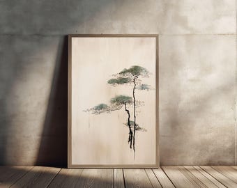 May include: A framed artwork featuring a minimalist tree design. The artwork showcases three trees with green foliage and black trunks against a light beige background. The frame is made of light brown wood, adding a natural touch to the piece.