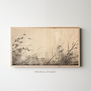 Sztuka telewizyjna Samsung Frame | Letnia sztuka Wabi Sabi | Letnia natura japońska ciemna neutralna | Japońska natura telewizyjna | Natura japońska | Abstrakcyjna sztuka telewizyjna